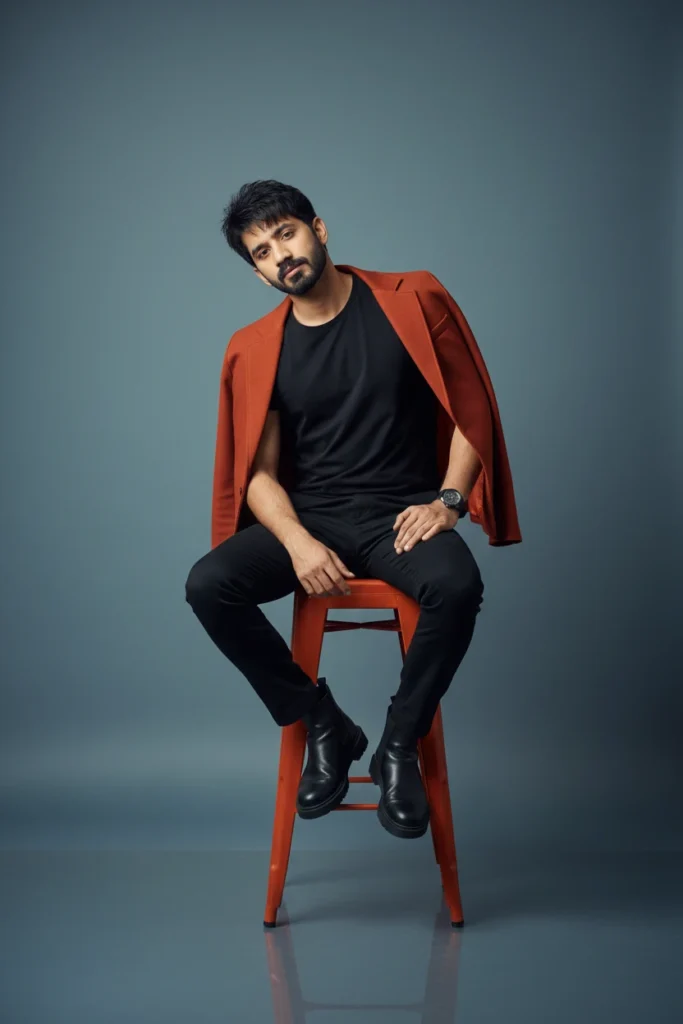 : A man wearing a burnt orange blazer draped over a black t-shirt and trousers, sitting on an orange stool against a gray studio background, capturing a men's fashion burnt orange blazer studio portrait.
