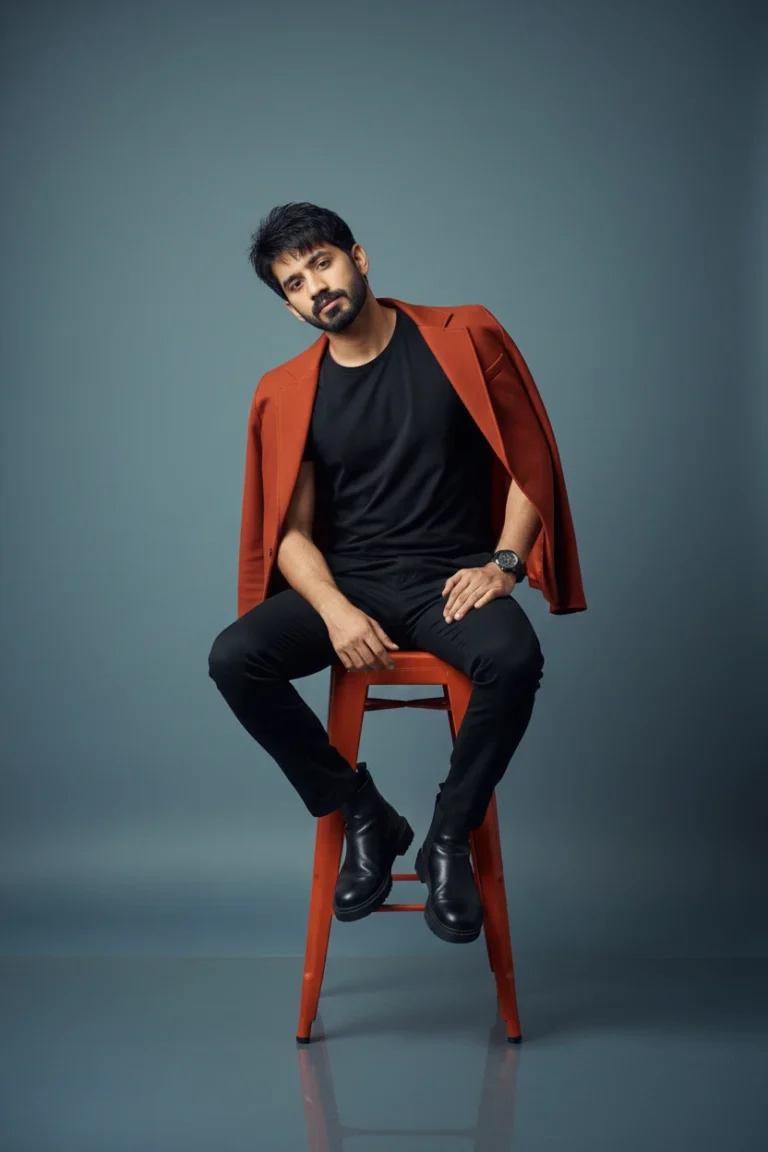 : A man wearing a burnt orange blazer draped over a black t-shirt and trousers, sitting on an orange stool against a gray studio background, capturing a men's fashion burnt orange blazer studio portrait.