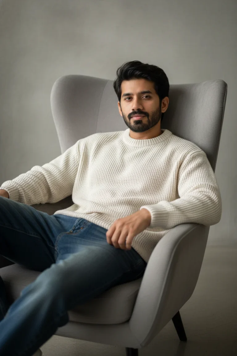 A professional male model in a white knit sweater and blue jeans sitting in a grey armchair, showcasing men's minimalist studio portrait photography.