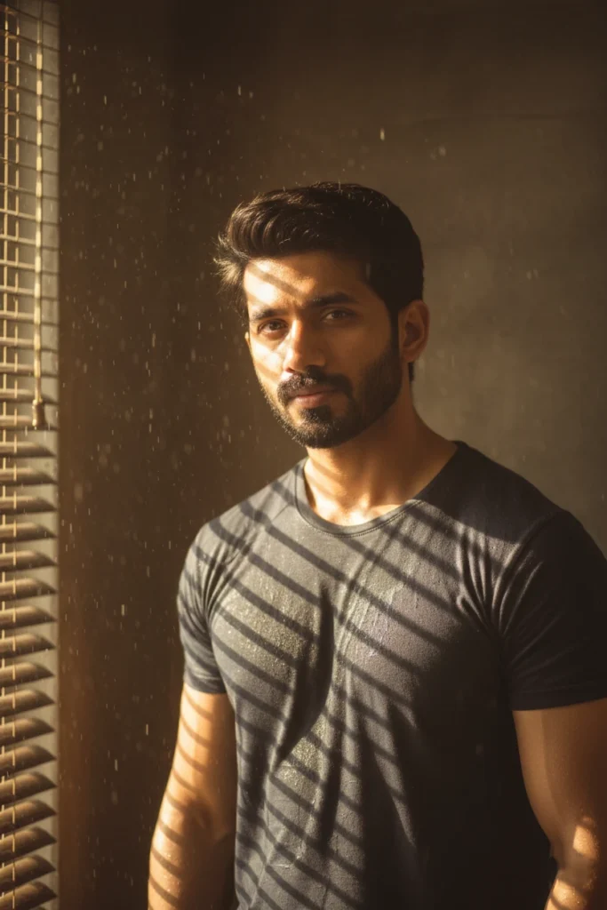 A man in a dark t-shirt standing near a window with cinematic blind shadows cast across him, capturing a moody indoor window light photography aesthetic.
