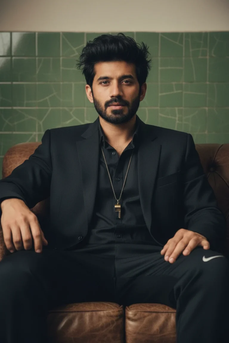 A man wearing a black suit and a gold whistle necklace sitting on a leather sofa, showcasing a professional men's fashion studio portrait aesthetic.
