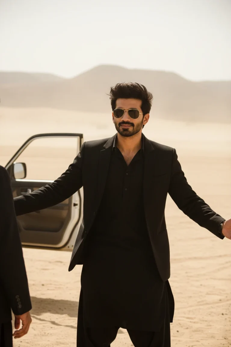 A man wearing a black traditional outfit and matching blazer with aviator sunglasses, standing in a vast desert landscape next to an SUV, capturing rehman desert fashion lifestyle photography.