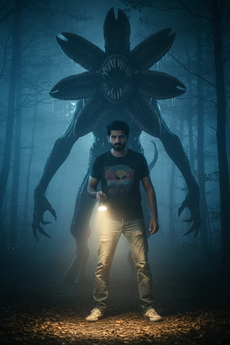 A man with a flashlight standing in a foggy forest in front of a giant petal-headed creature, showcasing sci-fi horror monster concept photography.