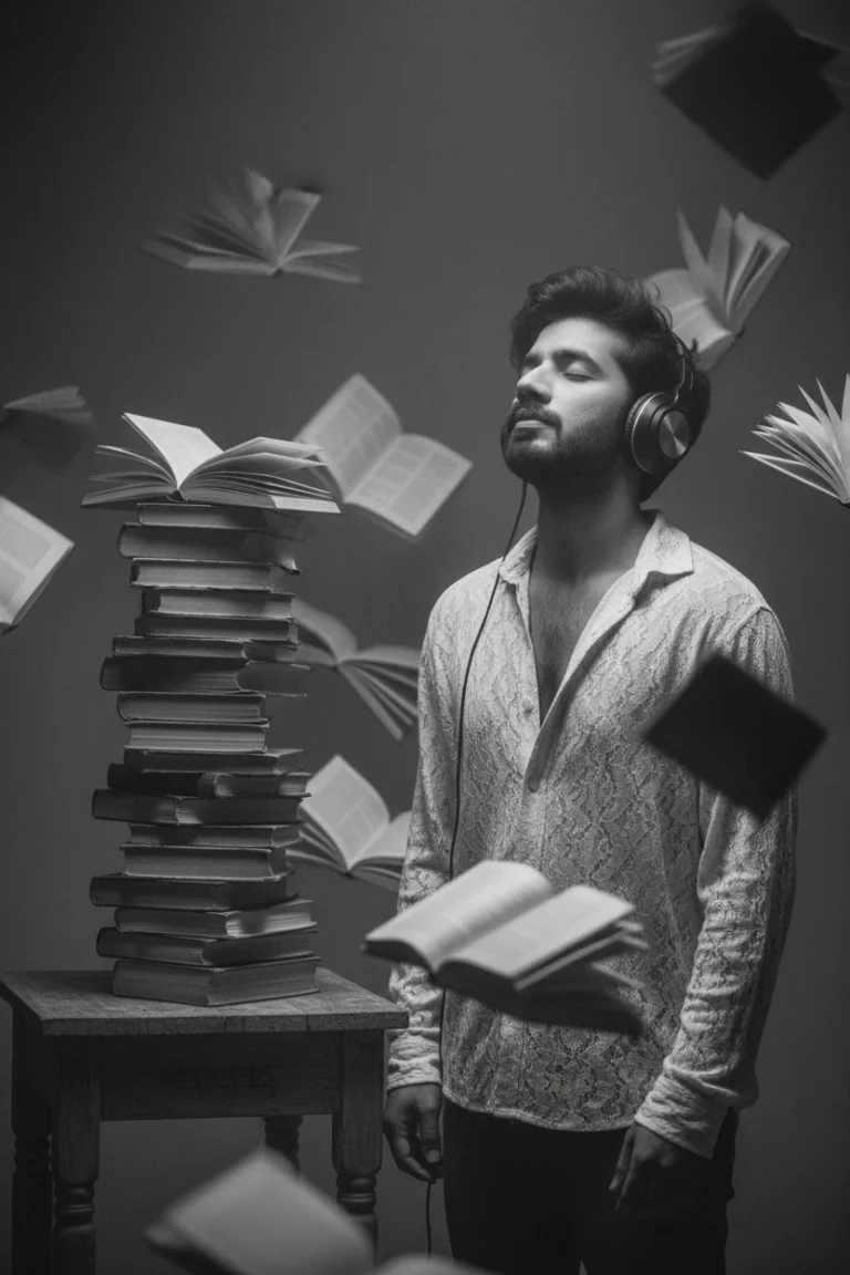 A man wearing headphones with eyes closed, surrounded by a surreal black and white flying books photography effect and a tall stack of books.