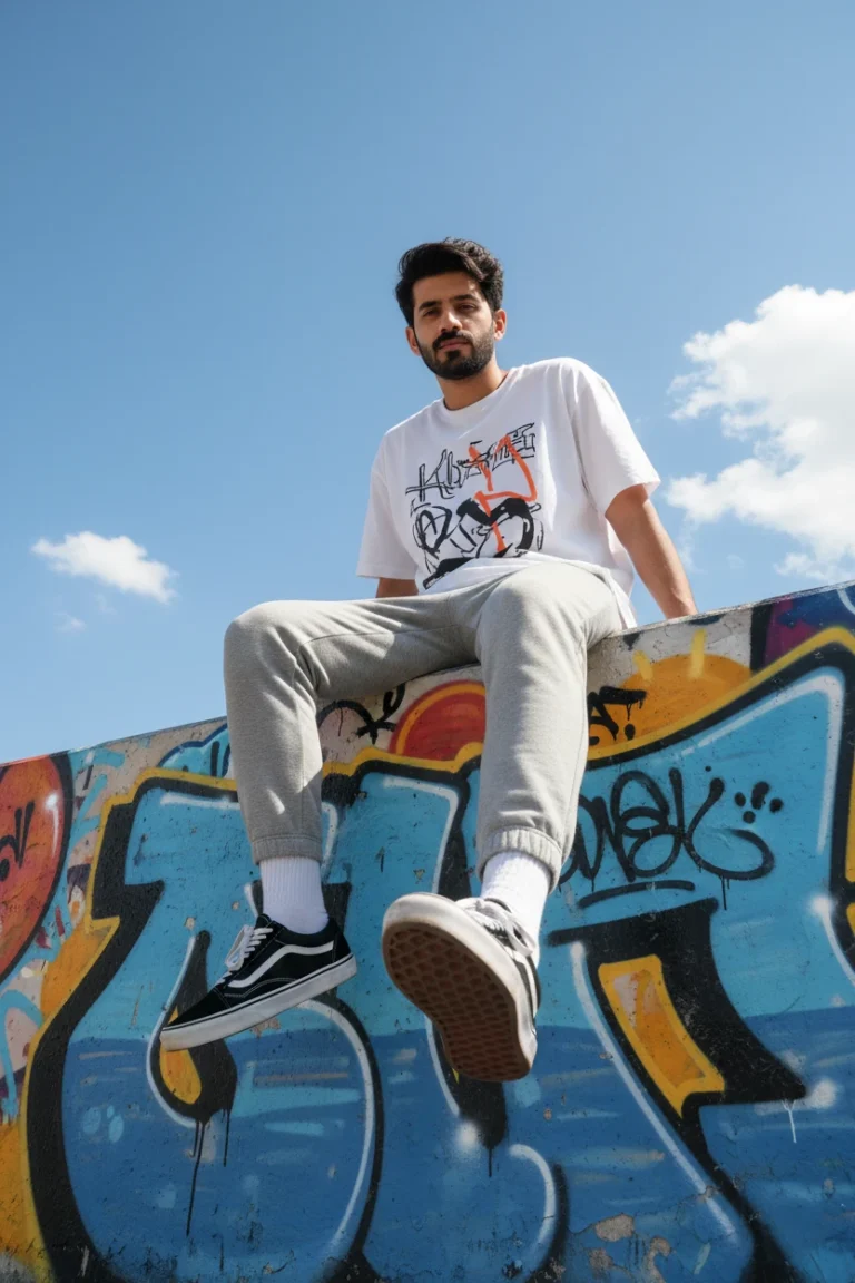 A man sitting on a colorful graffiti wall wearing a white graphic t-shirt and grey joggers, showcasing urban streetwear fashion photography.