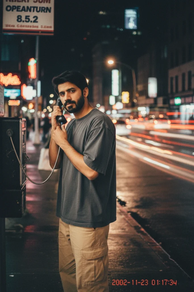 A man using a public payphone on a busy city street, capturing a vintage 90s aesthetic street photography style with light trails and film grain.