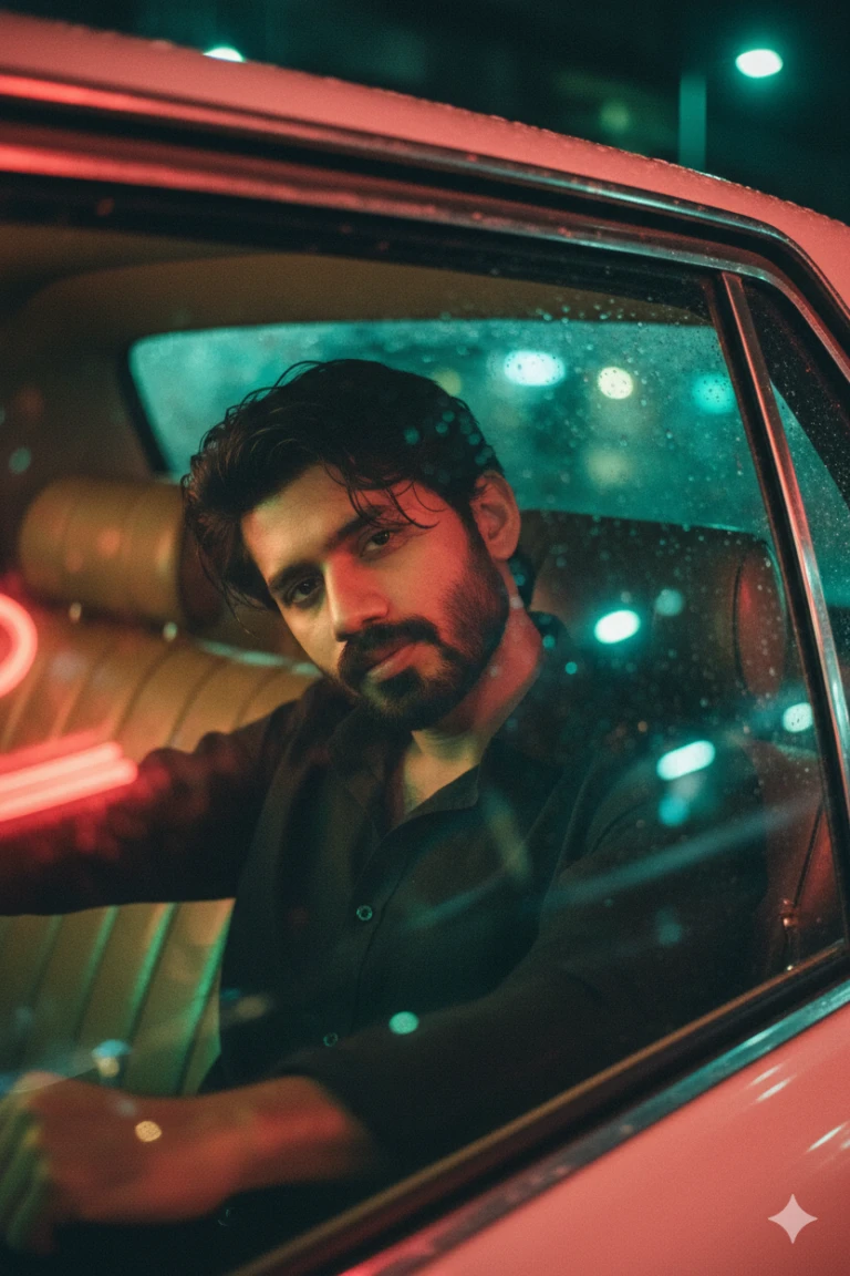 A man sitting inside a vintage car at night, capturing a moody neon car portrait photography style with teal and orange reflections on rainy glass.