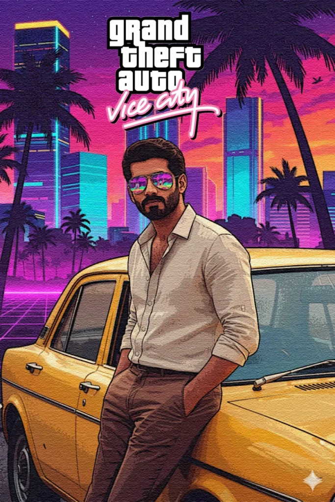 Digital illustration of a man in sunglasses leaning against a classic yellow car, designed in the Grand Theft Auto Vice City art style with a neon purple sunset and palm trees background.