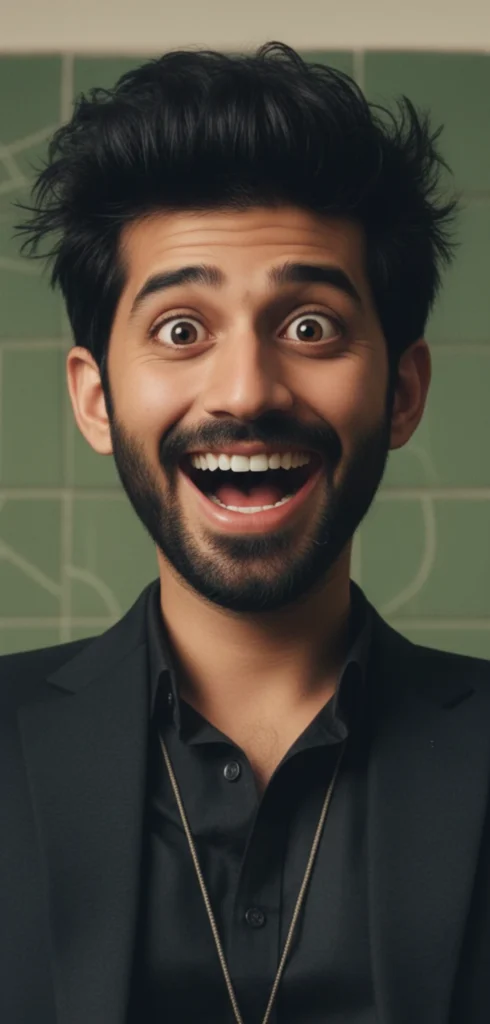 A man wearing Black Suit in a Happy Shocking Expressions