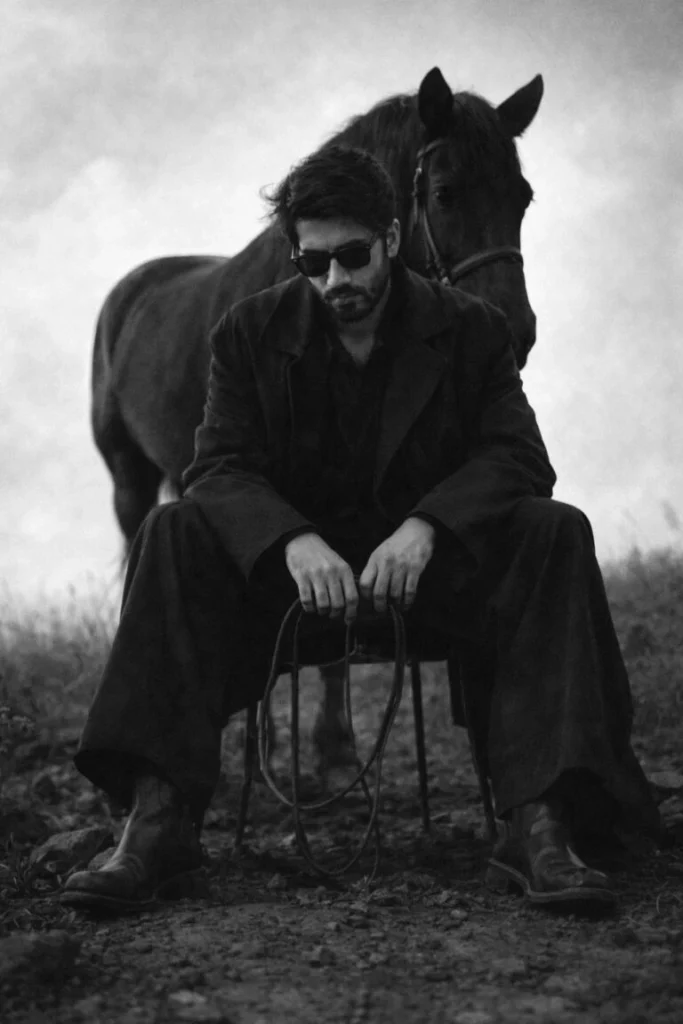 A cinematic black and white photograph of a man in sunglasses and a long coat sitting in front of a horse on a grassy hill.