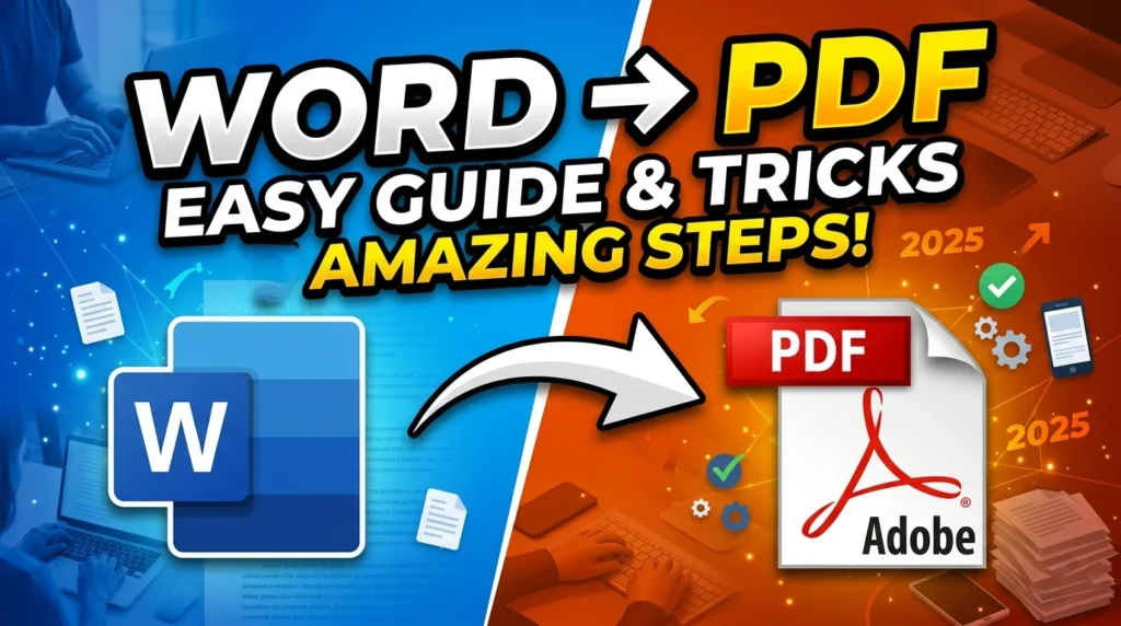 A modern, split-design thumbnail illustrating a guide to converting Microsoft Word documents to PDF, featuring bold text and icons for Word and Adobe.