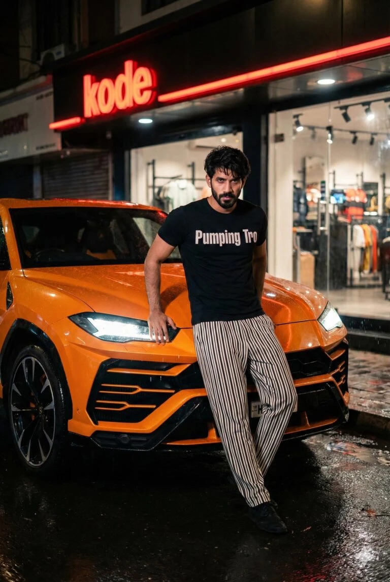 A man in a graphic t-shirt and striped trousers leaning against an orange Lamborghini Urus on a wet city street at night, capturing Lamborghini Urus cinematic night photography.