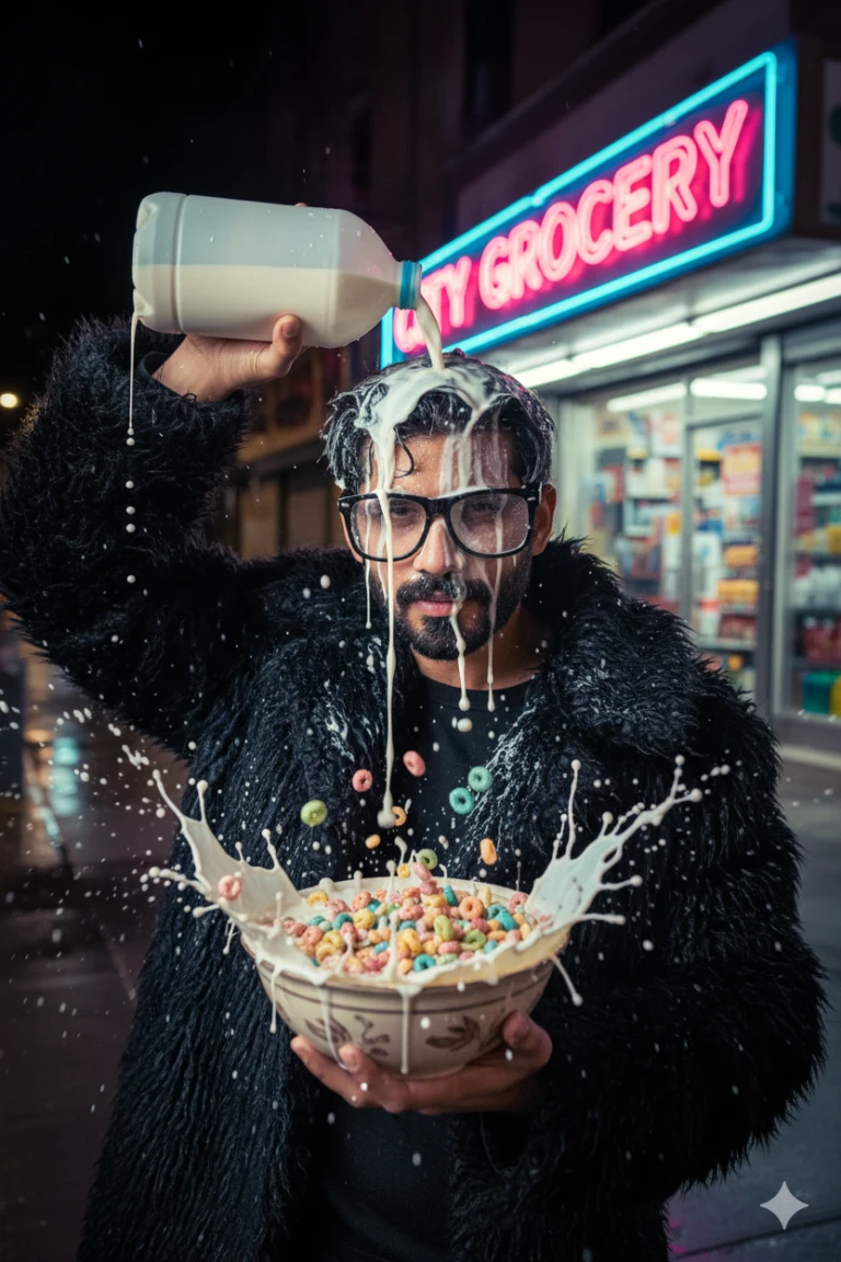 A man in a black shaggy coat and glasses pouring milk over his head into a bowl of colorful cereal at night in front of a neon "City Grocery" sign, showcasing surreal urban conceptual photography.
