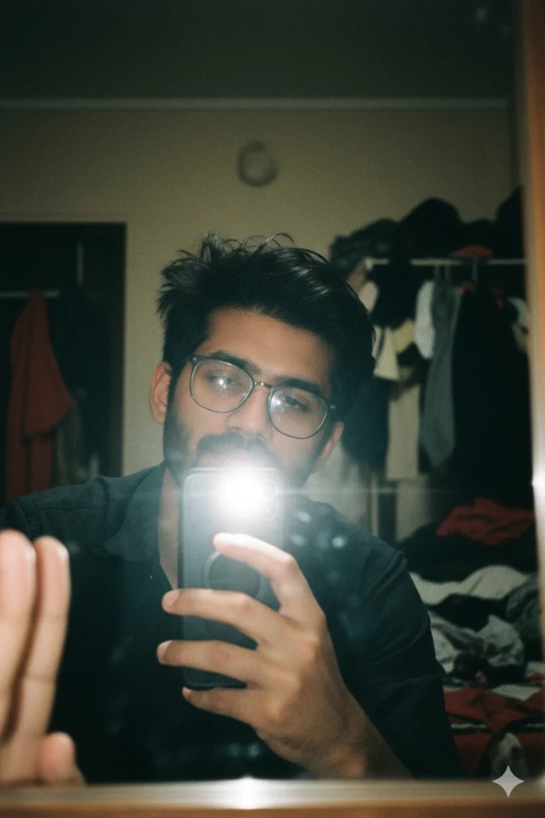 A man with glasses taking a mirror selfie using a smartphone with a bright camera flash.