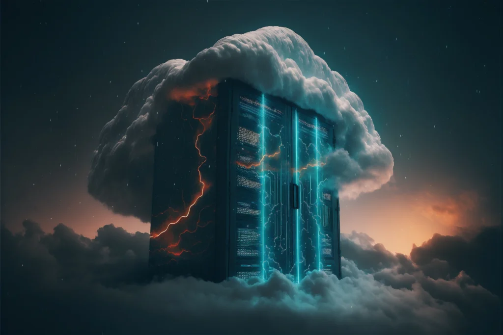 A surreal, high-tech server rack emerging from a dense bed of clouds under a starry night sky, featuring glowing neon blue circuits and orange lightning bolts to represent data processing power; an artistic concept of mastering the warmup cache request for speed in cloud-based network infrastructure.
