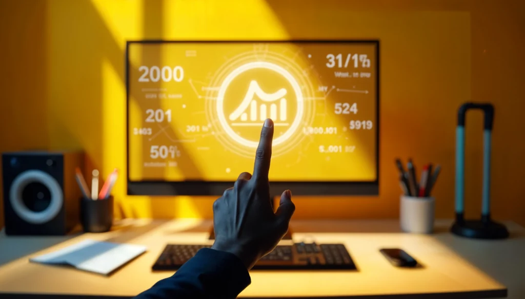 A person’s hand pointing toward a glowing yellow monitor displaying financial charts, bar graphs, and digital metrics on a desk; a visual metaphor for monitoring performance and mastering the warmup cache request for speed in data analytics.
