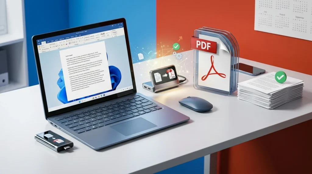 A clean, modern desk with a laptop and documents showing how to save a Word document as a PDF, with success checkmarks.