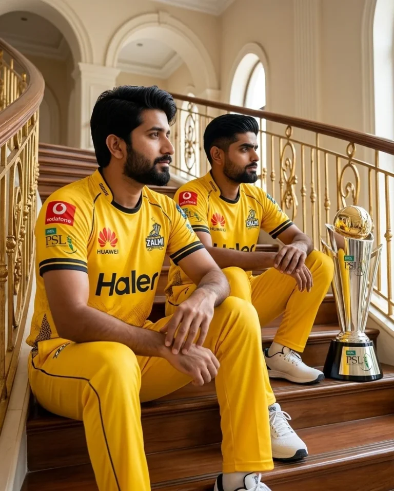 The South Asian man and Babar Azam, both wearing identical Peshawar Zalmi yellow uniforms, sit in a relaxed pose on a grand indoor staircase with golden railings and natural lighting. The official PSL trophy is next to them, in this ultra-realistic 8K photograph.
