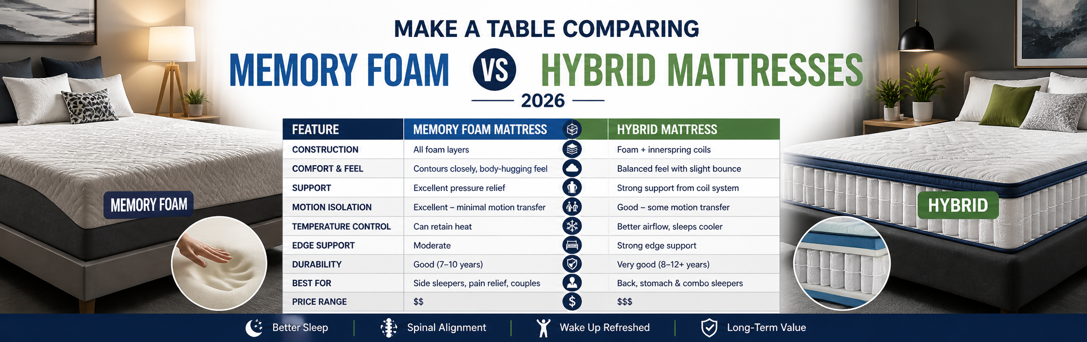 Make a Table Comparing Memory Foam vs Hybrid Mattresses 2026