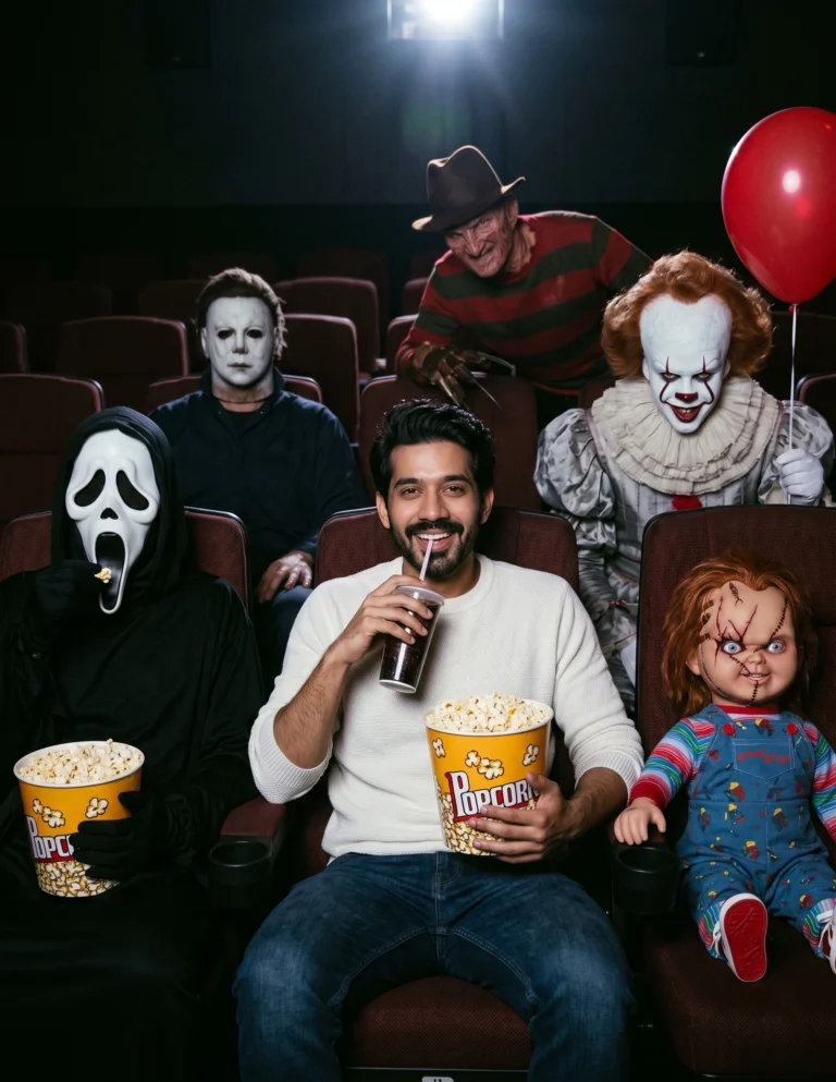 A happy man holds popcorn and soda while seated in a movie theater between Ghostface and Chucky, with Michael Myers, Freddy Krueger, and Pennywise behind them.